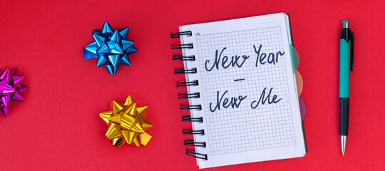 banner with New Year- New me on red background with Christmas bows. New Year's resolutions concept. Flat lay.