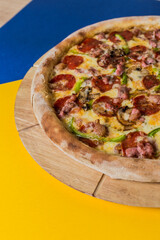 Delicious Contemporary Classic Food Pizza Dish Plate Menu Lunch Dinner Gourmet Dessert Chef Pasta Shrimp Cocktail Drink on Color Background