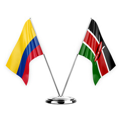 Two table flags isolated on white background 3d illustration, colombia and kenya