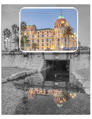 Reflet du palace hôtel le Negresco à Nice avec un effet photo couleur dans un ensemble en noir et blanc