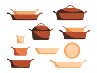 Cartoon ceramic cookware set, pots, pans, saucepans and utensils tools cooking isolated on white background, vector illustration. Kitchen household icons objects design elements for boiling and frying