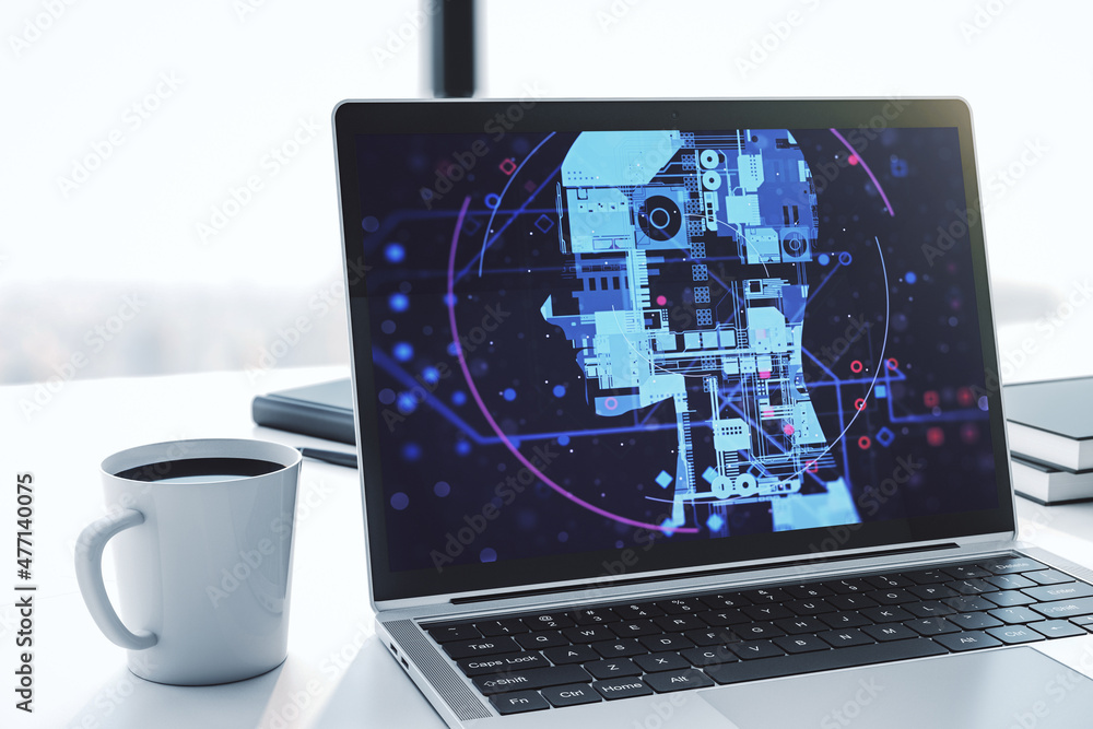 Aufkleber modern computer monitor with creative artificial intelligence symbol. neural networks and machine le