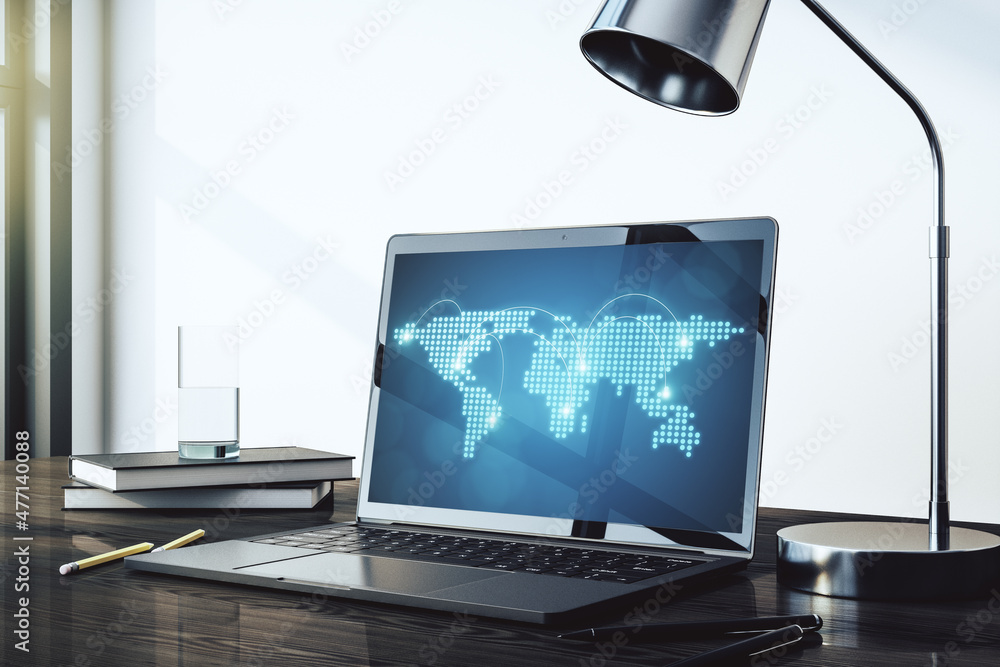 Aufkleber Abstract creative world map with connections on modern laptop screen, international trading concept. 3D Rendering