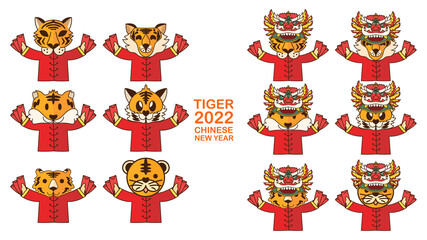 Set Cartoon cute tiger wearing Chinese in Year of the tiger and asian elements , 2022 Chinese New Year  for online content on red background  , illustration Vector EPS 10