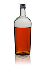 Transparent glass bottle filled with aged brown alcoholic beverage. Isolated on a white background, covered with a lid with reflection