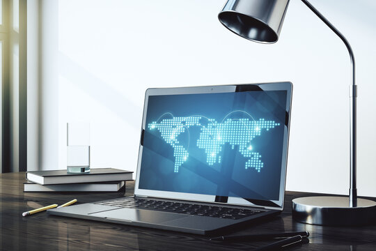 Abstract creative world map with connections on modern laptop screen, international trading concept. 3D Rendering