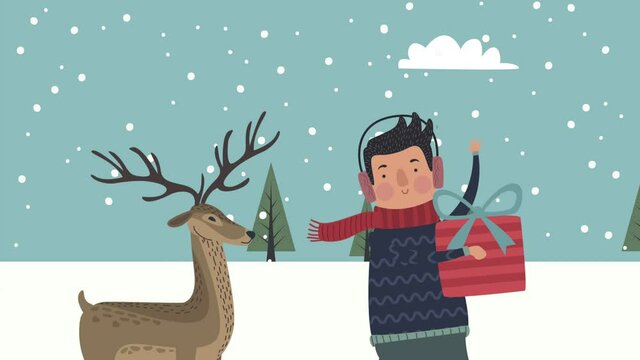 young man with gift and reindeer