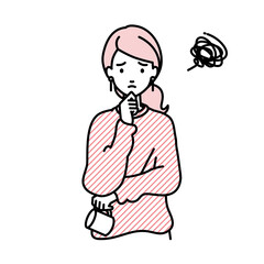 立って手をあごにあてて困っているリモートワークの女性