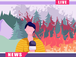 Sad female news reporter on live emergency broadcasts wild forest fire. Woman discussing ecology catastrophe in tv news stream. Cartoon vector illustration. Template of presenter for media banner.