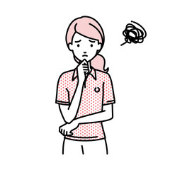 立って手をあごにあてて困っているポロシャツの女性