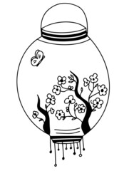 Happy Chinese New Year. Chinese paper lantern with sakura blossoms.