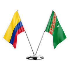 Two table flags isolated on white background 3d illustration, colombia and turkmenistan