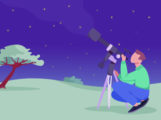 Astronomer with telescope spectates, looks to the night sky. Man searching for star, planet, milky way, galaxy, meteor shower in nature observatory. Outdoor hobby. Colorful cartoon vector illustration