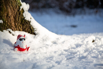 Cool funny Santa Claus with sun glasses on the snow 