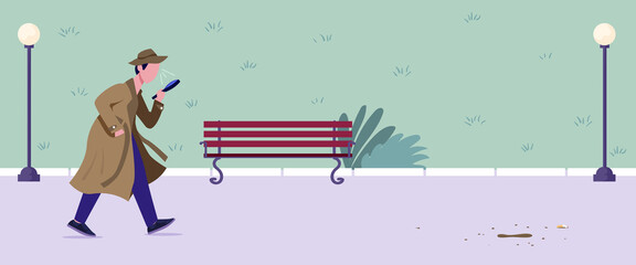 Vector illustration of detective, inspector, agent, spy investigates crime scene, case. Man with magnifier. Search, follow, track mystery murderer, evidence. Colorful cartoon style banner. 