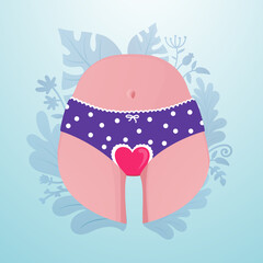 Vector cartoon illustration of woman periods, menstrual cycle, menstruation. Cute colorful panties in blood heart symbol of pain, discomfort, ache. Flat style template for poster, banner, advertising.