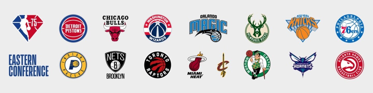 Basketball teams. Logo 2021-2022. Detroit Pistons, NY Knicks, Chicago Bulls, Charlotte Hornets, Washington Wizards, Miami Heat, Cleveland Cavaliers, Atlanta Hawks etc. Kyiv, Ukraine - Dec 27, 2021