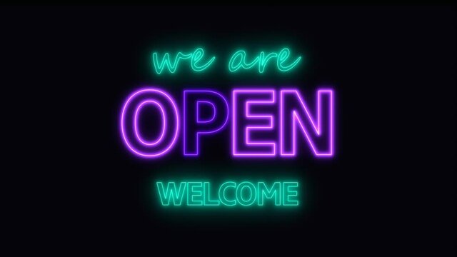 Colorful Illuminated Neon Light Signboard Of Shop Or Night Motel Style, Welcome We Are Open
