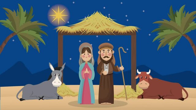 mery christmas animation with joseph and mary in stable