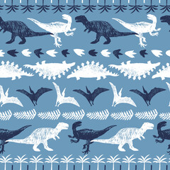 Vector blue dinosaur horizontal stripes arrangement sketch repeat pattern. Perfect for textile, giftwrap and wallpaper. © Jamie Soon