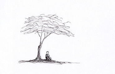 Ink drawing of Buddhist monk meditating under tall tree. Hand drawn background for meditation, relaxation, print, poster, book illustration. Abstract artwork. Serene landscape with sitting monk. - obrazy, fototapety, plakaty