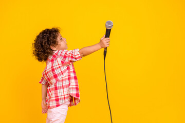 Photo of dreamy funny schoolgirl wear plaid outfit looking empty space rising mic isolated yellow color background