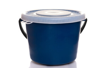 blue plastic bucket with black handle and white lid