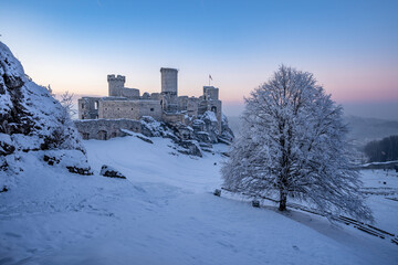 castle in winter scenery at the sunset