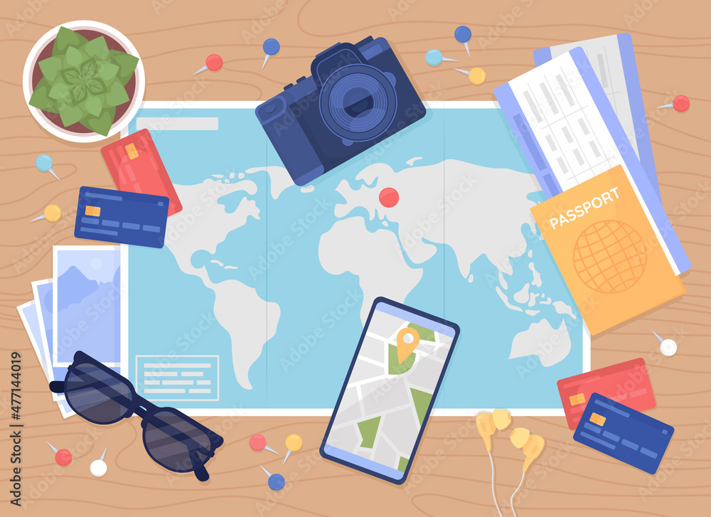 Poster travel planning flat color vector illustration. map with continents and journey destination marked. 