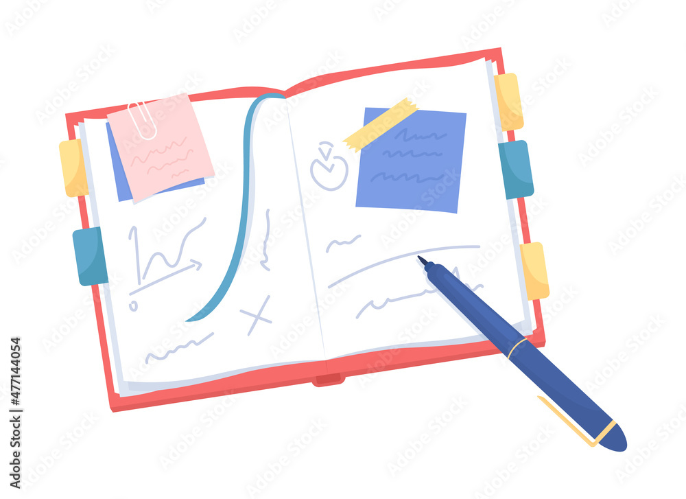 Poster messy organization in planner semi flat color vector object. chaotic notebook. realistic item on whi