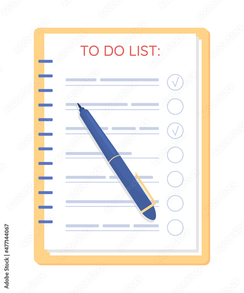 Poster open notebook with plans semi flat color vector object. to do checklist. realistic item on white. li