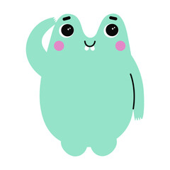 Cute thinking monster with happy face emotion. Bizzare kind character in flat style. Adorable childish creature in pastel green color. Hand drawn comic beast isolated on white background