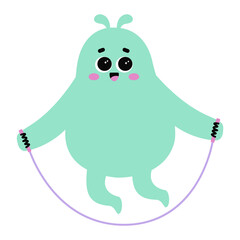Cute monster with happy face emotion jumping rope. Bizzare kind character in flat style. Adorable childish creature in pastel green color. Hand drawn comic beast isolated on white background