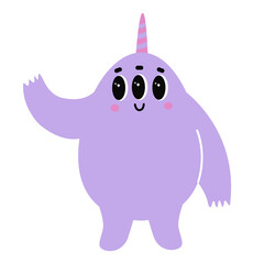 Cute monster with happy face and unicorn horn. Bizzare kind character in flat style. Adorable childish creature in pastel color. Hand drawn comic beast with three eyes isolated on white background