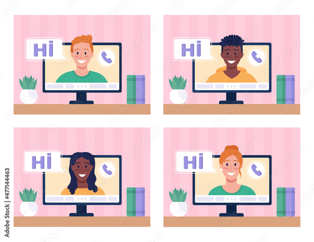 Fototapete Making video call at home flat color vector illustrations set. Video conferencing. Connection with remote employees 2D cartoon characters collection with computer monitor on background