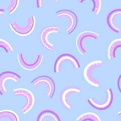 Obraz premium Trendy seamless pattern with colorful rainbow on color background. Design for invitation, poster, card, fabric, textile, fabric. Cute holiday illustration for baby. Doodle style