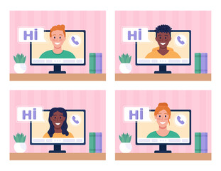 Making video call at home flat color vector illustrations set. Video conferencing. Connection with remote employees 2D cartoon characters collection with computer monitor on background