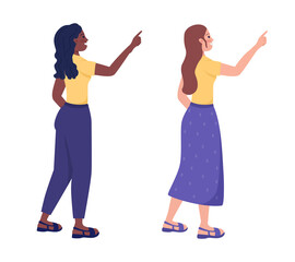 Glad women semi flat color vector characters set. Posing figures. Full body people on white. Pointing gesture isolated modern cartoon style illustrations collection for graphic design and animation