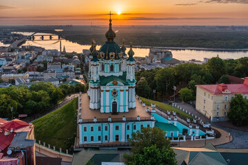 Aerial view of St. Andrew's Church during dawn, one of the most famous sights of the city of Kiev. Cityscape concept, tourism, vacation, travel