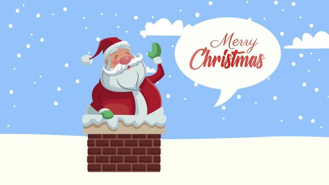 mery christmas lettering with santa in chimney scene