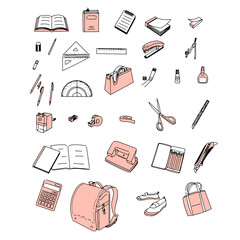 学校で使う文房具セット（シンプル、手描き）