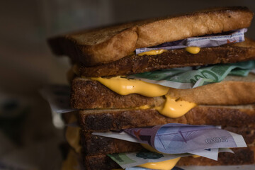 sandwich of bread and money Euro dollars bills with cheese sauce. money drenched in cheese sauce picture of food with money money and food. scattered money