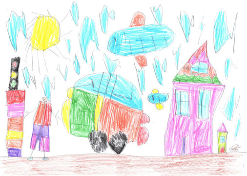 Child's drawing of a happy family for a walk outdoors and a car