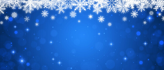White snowflakes frame on a blue gradient background with bokeh and sparkles. Festive New Year and Christmas banner