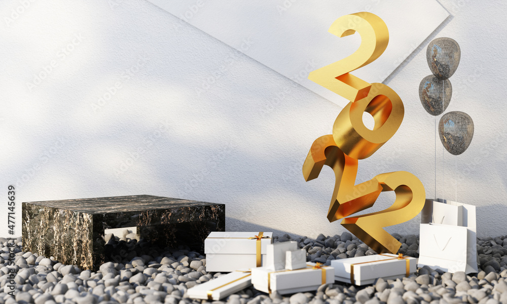 Poster letters gold texture of 2022 in the concept of new year, black marble color tones, surrounded by geo