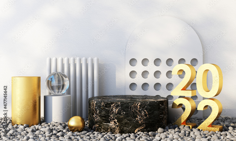 Poster letters gold texture of 2022 in the concept of new year, black marble color tones, surrounded by geo
