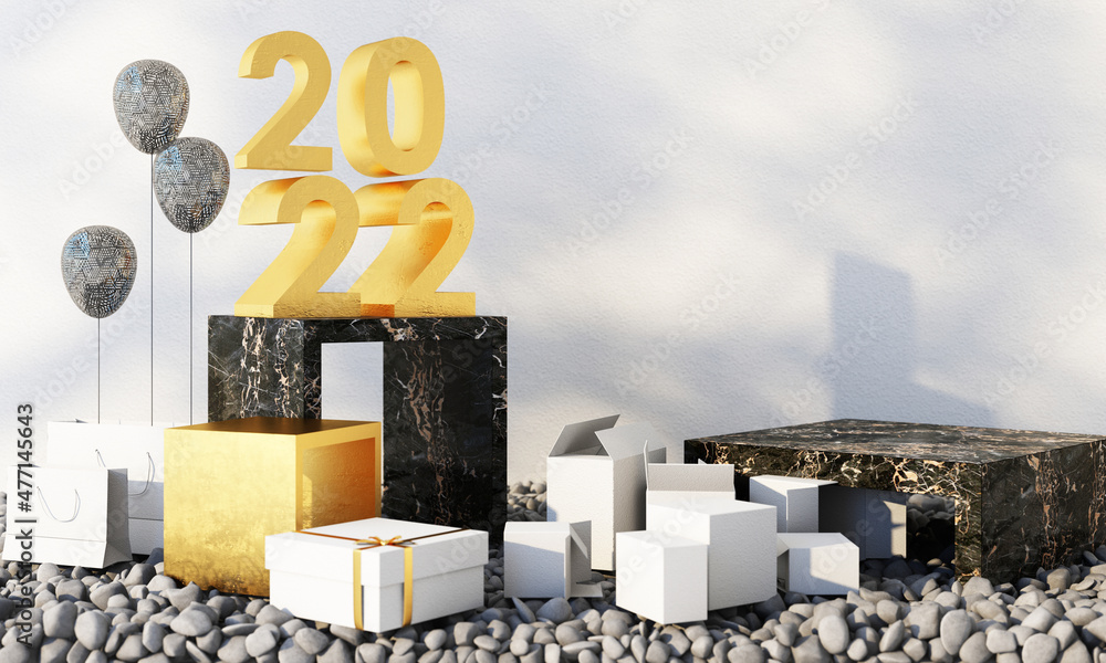 Poster letters gold texture of 2022 in the concept of new year, black marble color tones, surrounded by geo