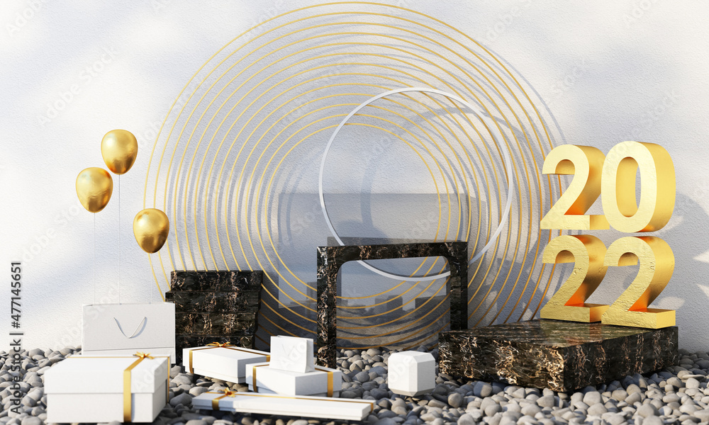 Poster letters gold texture of 2022 in the concept of new year, black marble color tones, surrounded by geo