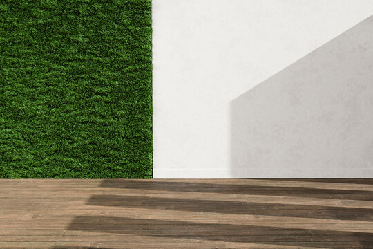 A wall of green grass and a wooden floor. The design. 3d render.