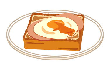黄身が割れた目玉焼きトースト　ハム